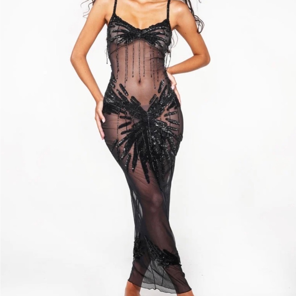 🔥 She Is I PHOENIX Dress XS – Hand-Beaded Mesh Gown – RARE 🔥